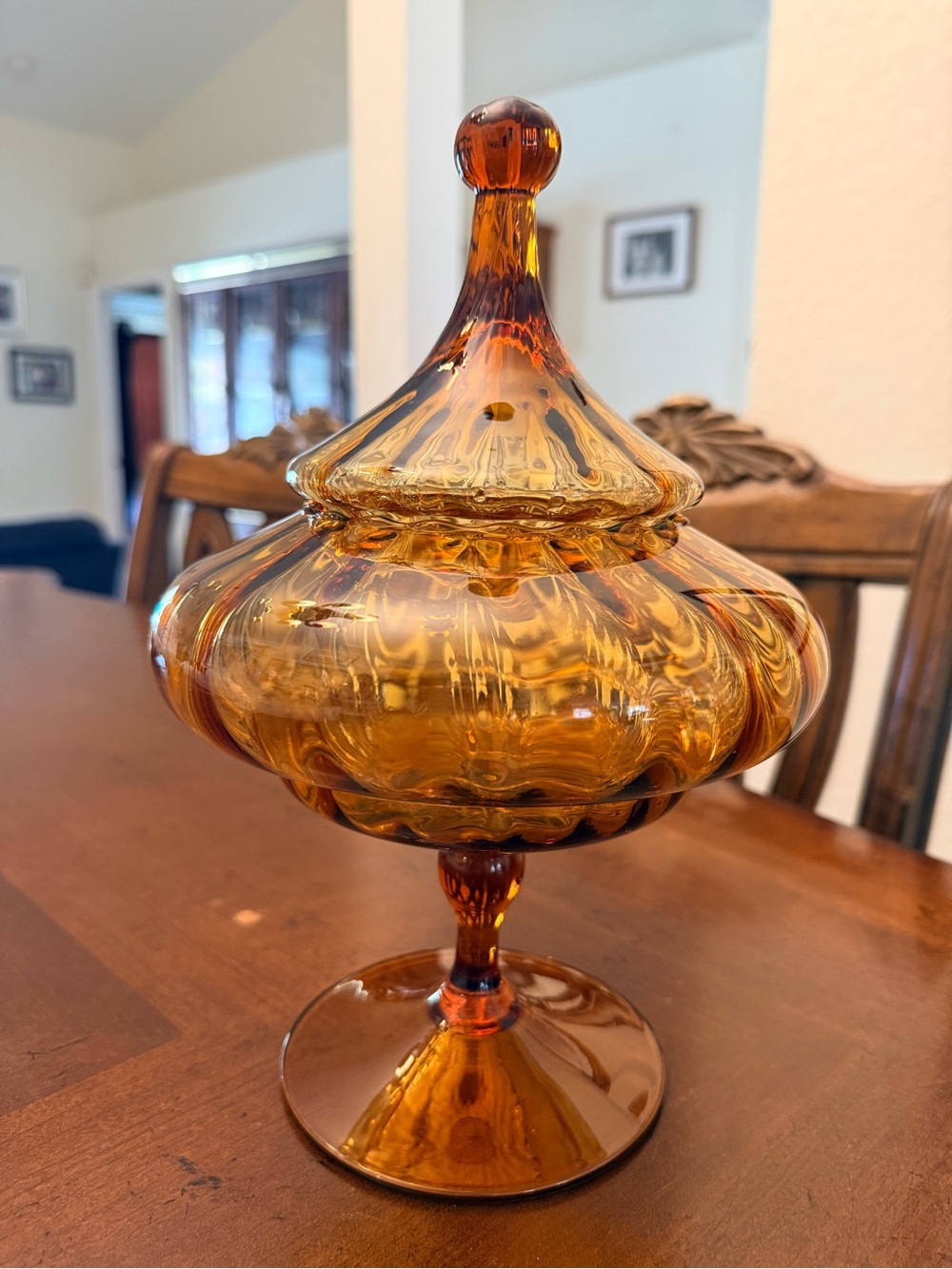 Vintage Empoli Amber Optic Glass Lidded Pedestal Compote